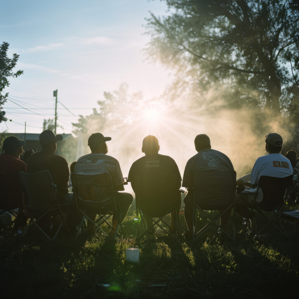 Männer sitzen in Campingstühlen im Kreis. Sonnenlicht fällt durch Bäume im Hintergrund.
