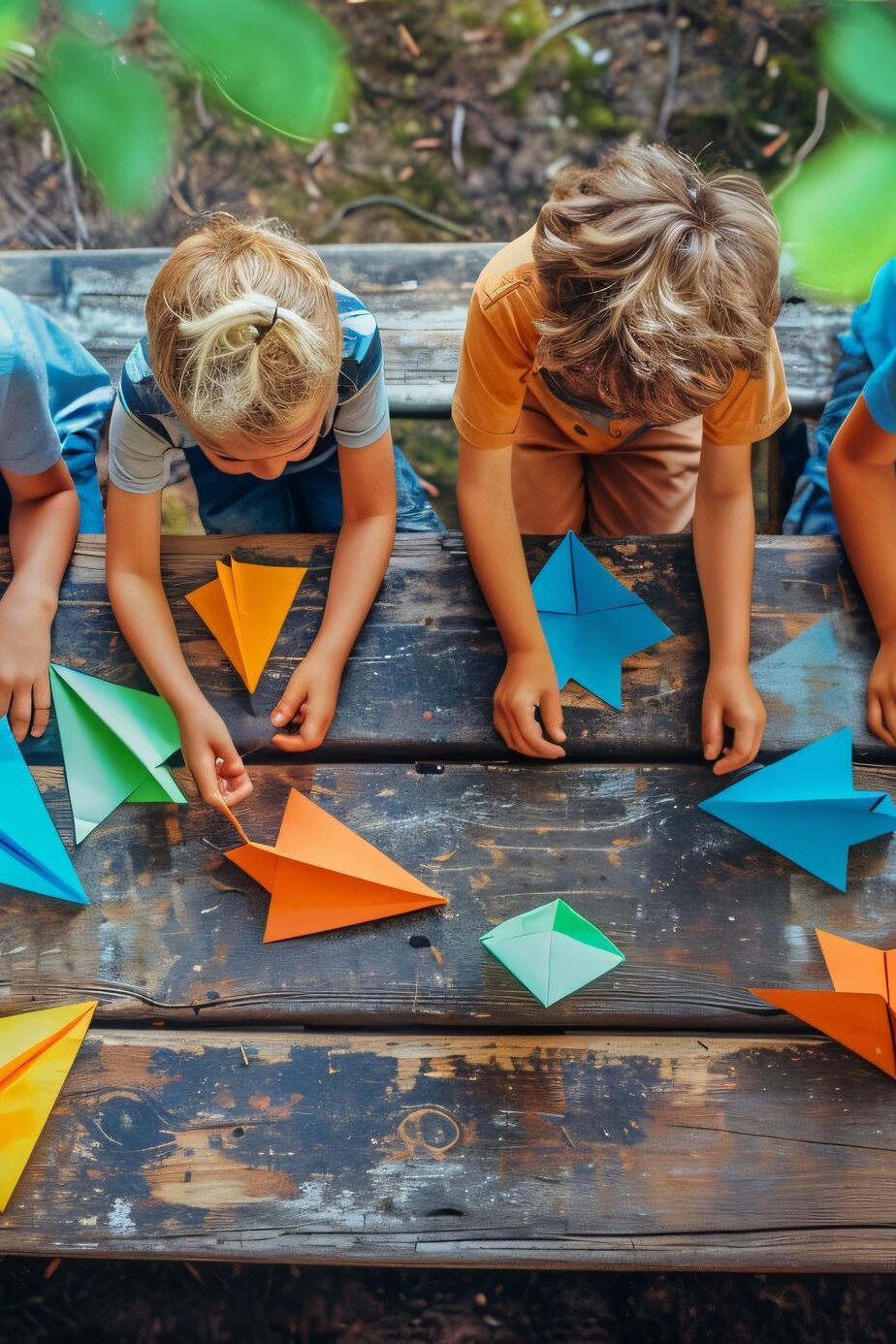 Fünf Kinder sitzen an einem verwitterten Holztisch im Freien und falten bunte Papierflieger. Foto von oben.
