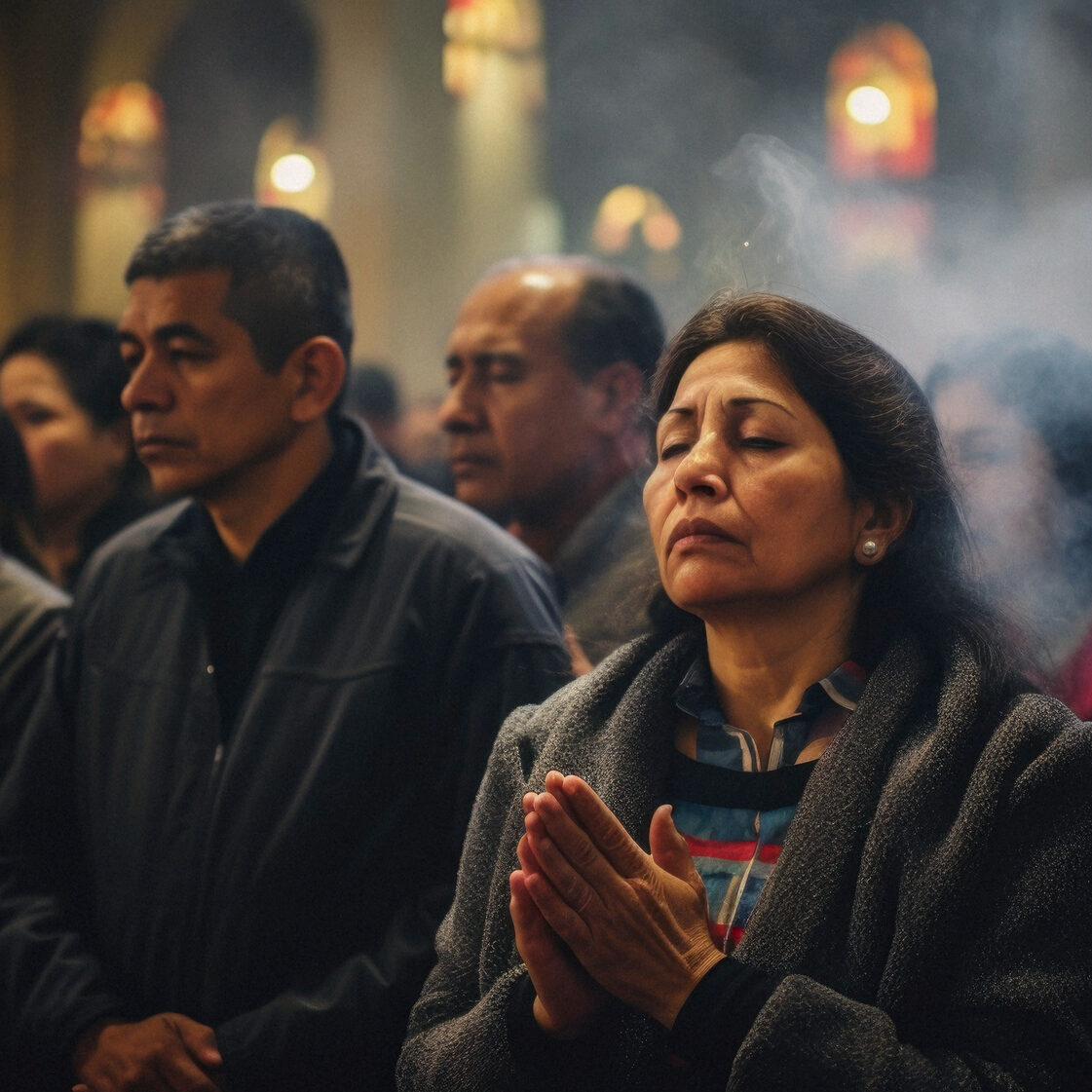 Bild von freepik Menschen stehen dicht gedrängt in einer Kirche und beten mit geschlossenen Augen. Eine Frau im Vordergrund hat die Hände gefaltet. Farbige Kirchenfenster im Hintergrund.